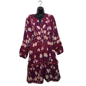 Rungolee Melodie Dress Size Medium Red Blue Floral Boho Ruffle Long Sleeve Pocke